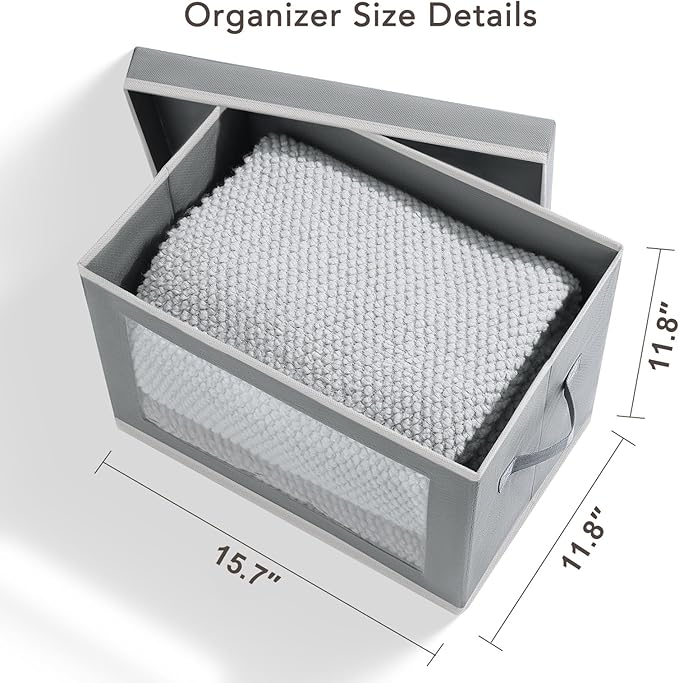 Homsorout Large Storage Bins with Lids - Stackable Cube Bins for Closet 5 Pack Clear Windows Fabric Organizer Bins Home Organizers and Storage for Clothes CD Towels Grey