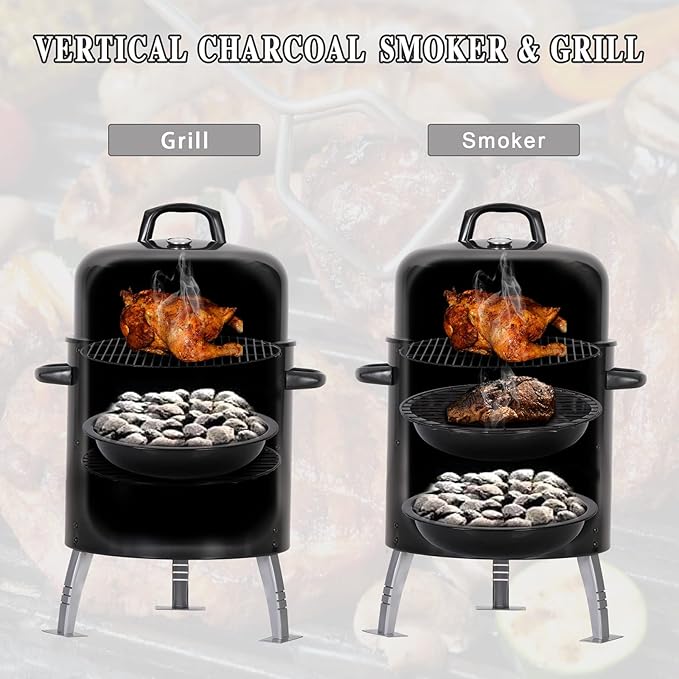 Sophia &amp William 17 Vertical Charcoal Smoker Grills with Two-Tier Grates Heavy-Duty Integral Chamber and Tunnel Ventilation System for BBQ Patio Outdoor Camping(Black)