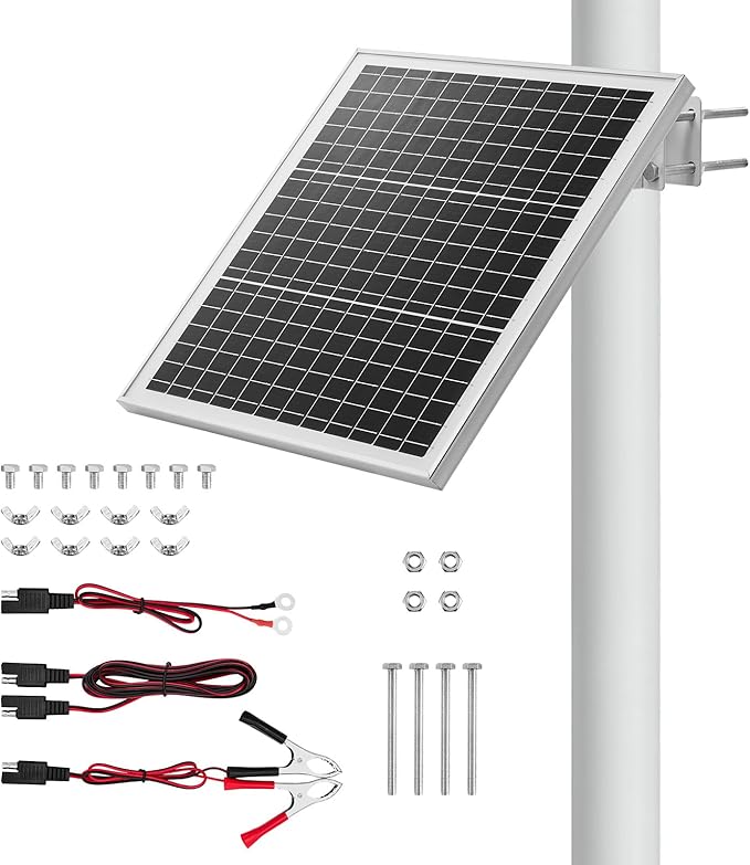 VEVOR 20W 12V Solar Panel Battery Charger Solar Battery Trickle Charger Maintainer with Built-in Controller &amp 0-60° Adjustable Pole Mount Bracket IP67 for Gate Fence Farm Lawn (Fit 1.5 - 3 Pol