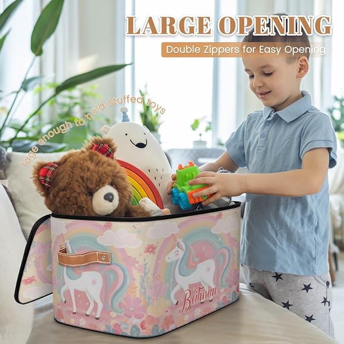 Storage-Bins with Lids Handle Customized Stackable-Storage-Bin for Kids-Boys-Girls-Toys Cube Collapsibl Basket Flowers Unicorn Rainbow