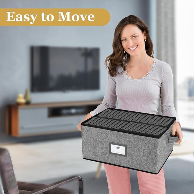 Lukeline VHS Storage Box with Lid Large Capacity VHS Storage Case Holds 50 Tapes Stackable VHS Holder Storage Containers for Living Room Bedroom Study Room (1 Pack)