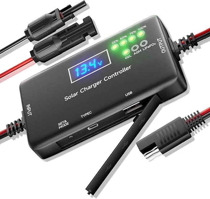 12V 20A PWM Solar Charge Controller with Type-C/USB Output Compatible with LiFePO4/AGM/Gel Batteries Zero Drain Tech Overload &amp Overheating Protection for Solar Power System