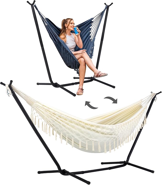 SUNCREAT 2-in-1 Convertible Portable Double Hammock with Stand Included Outdoor Hammock and Stand Patented Natural Tassel
