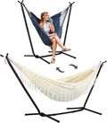 SUNCREAT 2-in-1 Convertible Portable Double Hammock with Stand Included Outdoor Hammock and Stand Patented Natural Tassel