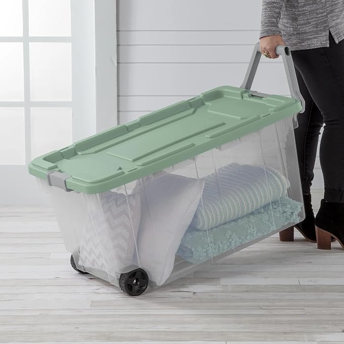 2-Pack 160-Quart Extra Large Capacity Storage Containers Durable Transparent Bin with Leak-Proof Lid Wheeled Portable Heavy-Duty Organizer Stackable for Outdoor Garage Storage Green and Clear