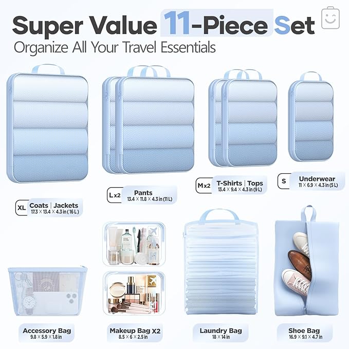 Veken 11 Set Compression Packing Cubes for Travel EssentialsCompressible Expandable Large Luggage Suitcase Organizer Bags for ClothingDurable Space Saver Storage Bags with Toiletry Bags(Light Blue)