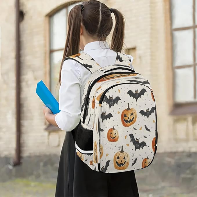 QsirBC Pumpkin Lights Bat Point Leaf Multi Compartment Backpack with Reflective Strips Adjustable Padded Straps Large Capacity Waterproof Duffel Bag for Men Women Work and Daily Use