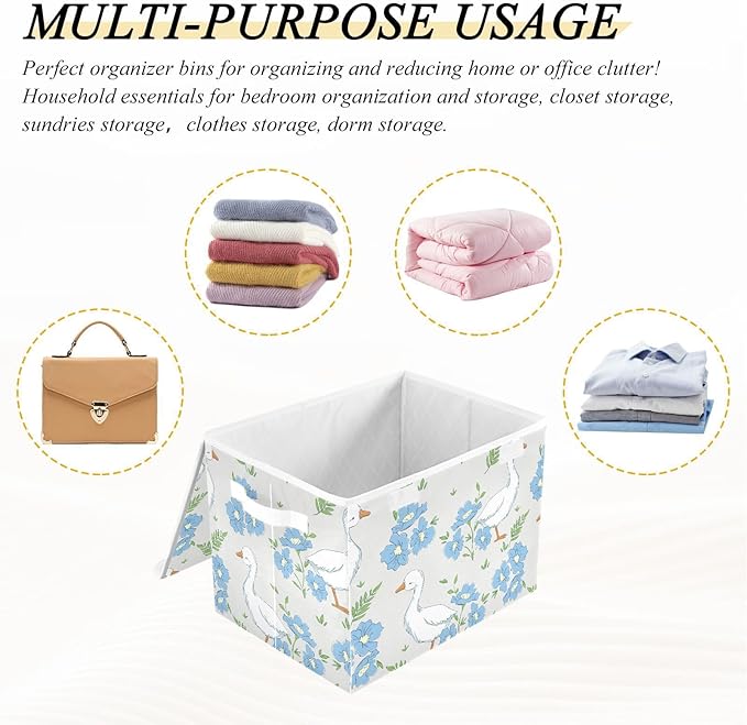 susiyo Large Foldable Storage Bin with Flip-Top Lid Cute Goose and Flowers Storage Box Collapsible Closet Organizer Containers Boxes Decorative Baskets with Handles for Home Bedroom Living Room Offic