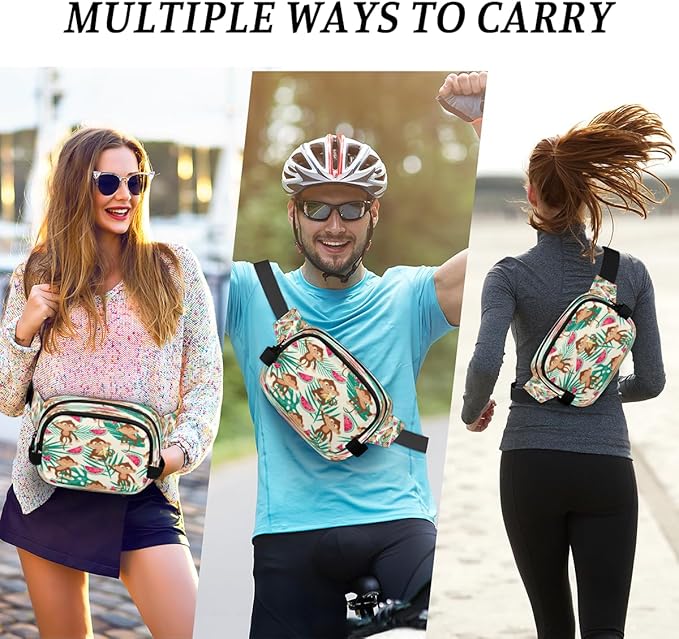 Monkey Watermelon Palm Waterproof Fanny Pack for Women Men Adjustable Waist Bag with Double Zipper Pockets Lightweight Square Hip Pack for Running Travel Hiking Workout Cycling