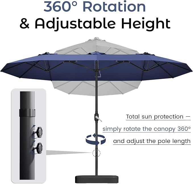 DomeShade 15ft Patio Umbrella with BaseLarge Outdoor Double-Sided Rectangle Umbrella with Crank Handle Market Umbrella for Poolside Garden Deck Backyard Beach Pools Navy Blue
