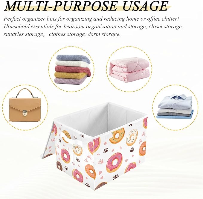 Collapsible Storage Bins with Lids Decorative Fabric Storage Cubes Closet Organizer and Storage Basket Boxes Containers for Clothes Box Chest Nursery Folding Rectangle Doughnuts Paw Prints Wh