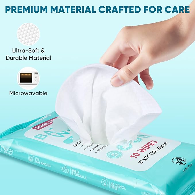 No Rinse Bathing Wipes for Adults - Extra Thick 8x12 Inch Disposable Shower Wipes Hypoallergenic Unscented Body Cleansing Cloths for Bed Bath Hospital Travel Camping - 100 Count(10 Packs)