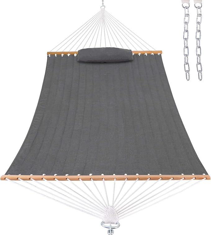 Lazy Daze Hammocks 12 FT Sunbrella Fabric Quilted Hammock Double Sunbrella Quilted Hammock with Spreader Bars &amp Pillow All Weather and Fade Resistant for Outdoor 450 lbs Capacity Cast Slate