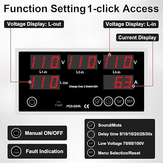 One-Click Setup Automatic Transfer Switch with Priority Phase L1＞L2＞L3 4P 63A 110V 40/50/60/70Hz ATS Electrical Selector Switch Generator Changeover Switch V/A Protector Din Rail Mount