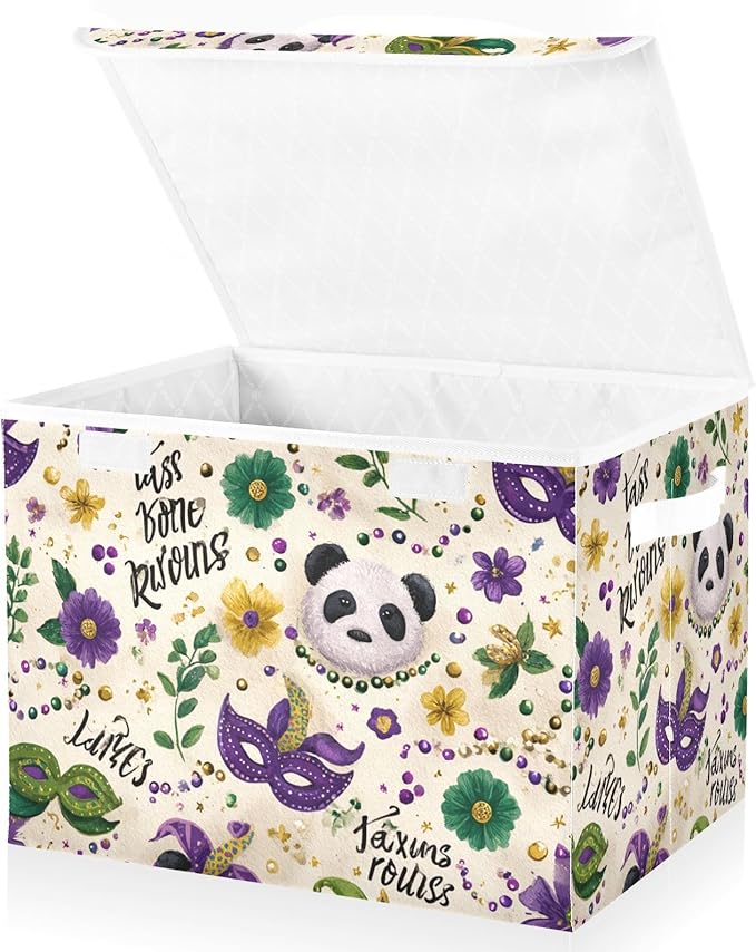 Mardi Gras Masks Leaves Beige Storage Box with Lid 1 PC Foldable Storage Bin with Lids Stackable Storage Bins Cube Closet Organizer Basket with Flip-Top Lid &amp Handles for Shoes Books Towels