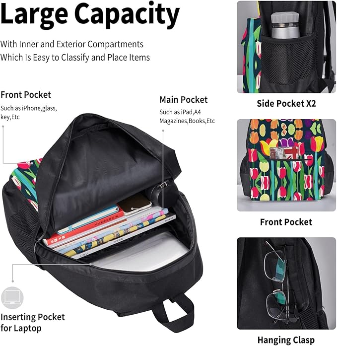 Colorful Tulips Backpack With Lunch Box 3 In 1 Set With Pencil Case Large Capacity Backpack With Chest Strap