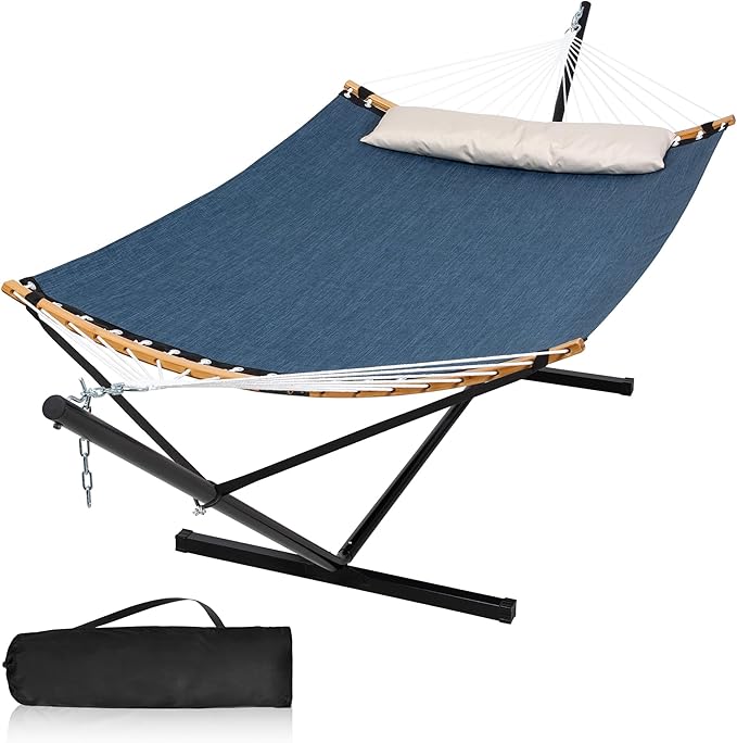 2 Person Hammock with Stand Included Quick Dry Hammock with Curved Spreader Bars for Outside Poolside 450 Lbs Capacity Dark Blue