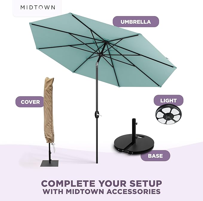 Midtown Umbrellas - 10-Year-No-Fade 8 Ft Patio Umbrella with Terylast Fabric Auto-Tilt Aluminum Frame and 8 Reinforced Ribs for Deck Pool Garden &amp Beach - Aqua Canopy Black Pole