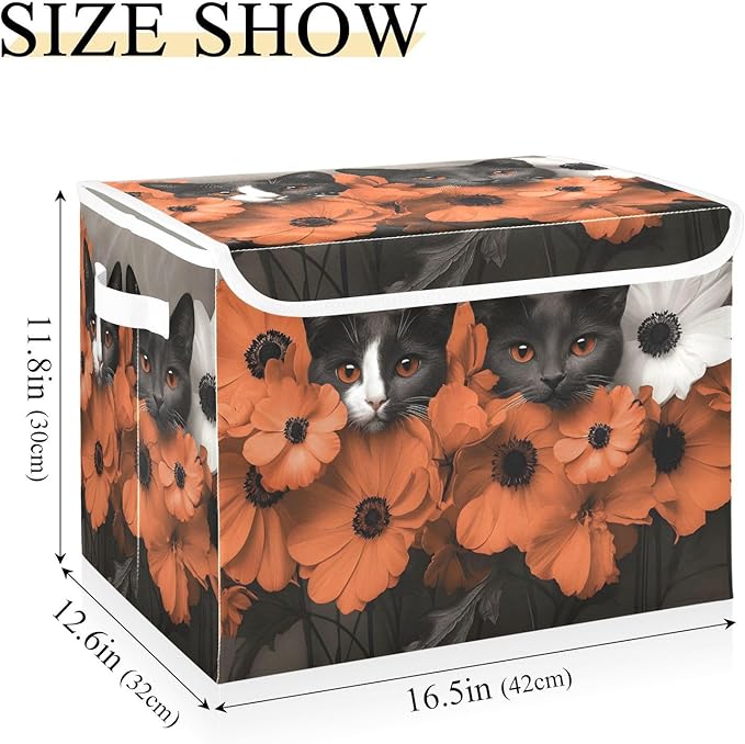 AIXIWAWA Lidded Storage Cube (Cats Flower) Fabric Foldable Closet Bins with Flip Lid and Handles Organizer Basket Container 16.5 x 12.6 x 11.8 IN