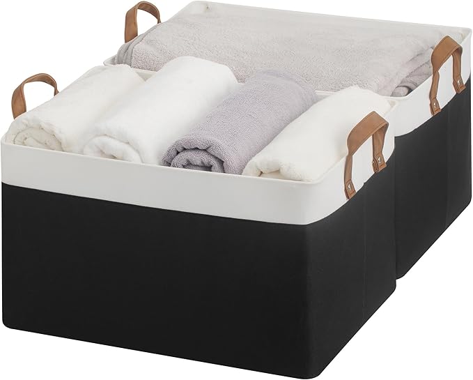 StorageWorks Storage Bins Fabric Storage Bins for Shelves Extra Large Storage Baskets with Metal Frame Closet Baskets and Bins with Handles Jumbo Black and White 2-Pack