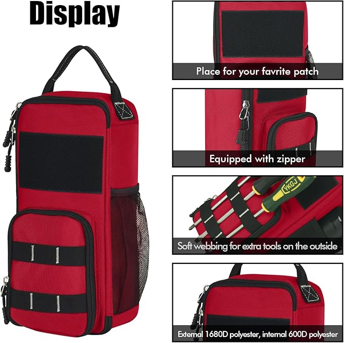 LAKE OF FIRE 12.6 Small Tool Bag Pouch for Men with Multiple Pockets Waterproof Heavy Duty Tool Bag Organizer with Zipper and Portable Handle (Red)