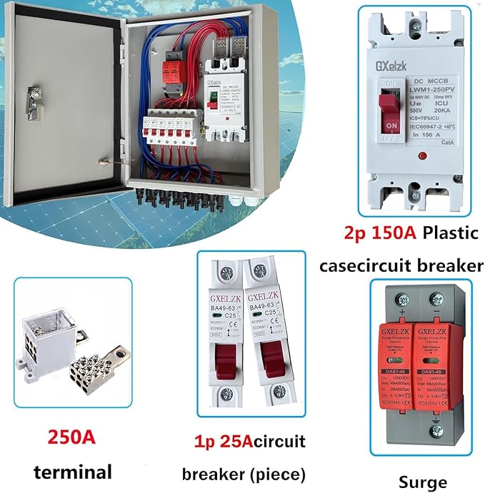 Solar Combiner Box 6 Strings 150A DC Main Circuit Breaker with Power Surge and 25A Circuit Breaker This PV Combiner Box is Suitable for On/Off-Grid Solar Power