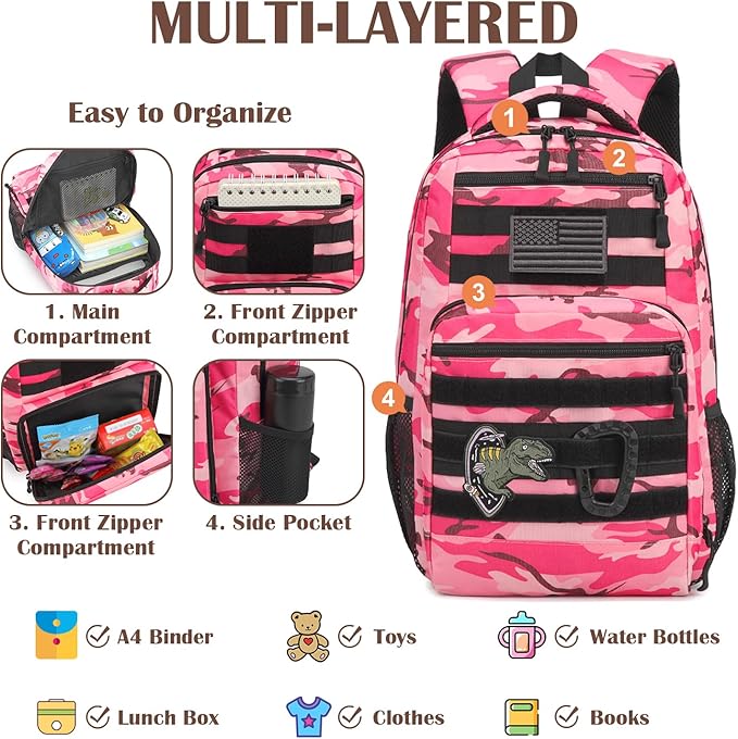 Kids Tactical Backpack Army Molle Bookbag Military Boys Backpack for School Outdoor Camping Pink CM