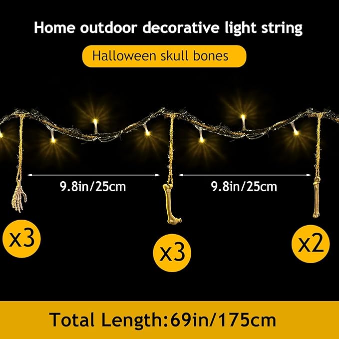 Halloween Indoor Outdoor 6FT Lights Decor 26LED Hanging Skeleton Skull Bones String Lights Battery Operated Spooky Halloween Wreath Door Patio Party Decoration