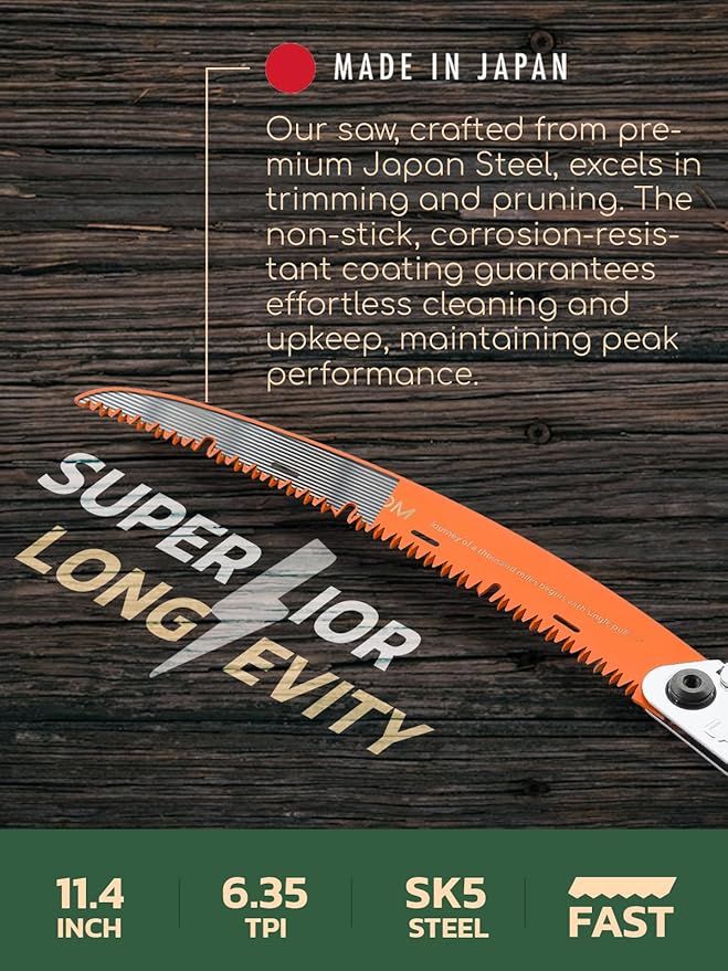 LAGOM Folding Camp Saw for Cutting Branches 11.4 Curved Blade | SK5 Steel Ergonomic Handle One-Hand Use Secure Lock | Foldable Pruning Tool for Camping Gardening Survival Kayaking Outdoors