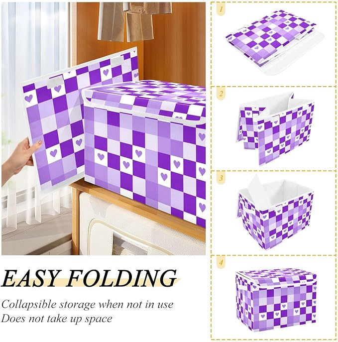 Checkered Purple Hearts Storage Box with Lid 1 PC Foldable Storage Bin with Lids Stackable Storage Bins Cube Closet Organizer Basket with Flip-Top Lid &amp Handles for Shoes Books Towels