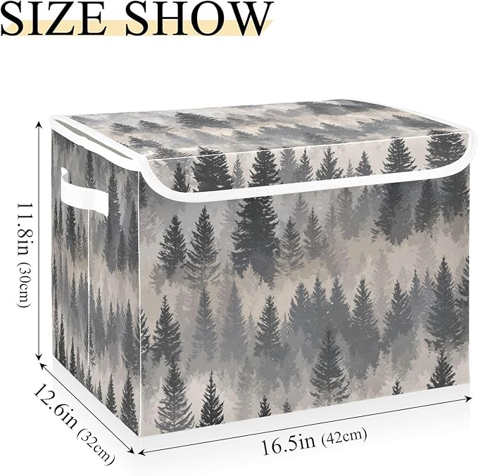 Storage Bins with Lids Storage Containers Box Organizer Bin Basket with Handles for Closet Shelves Clothes Stackable Foldable Decorative Gray Simple Pine Tree Forest