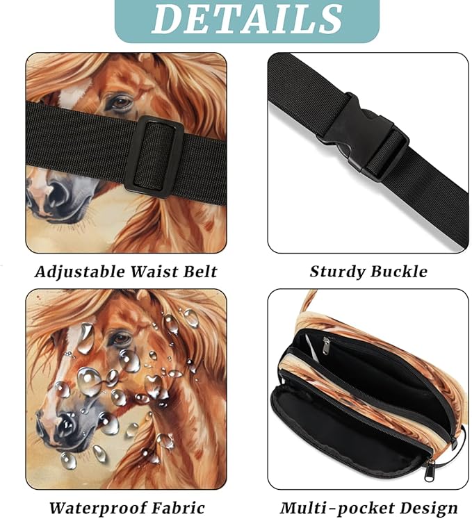 Watercolour Horse Waterproof Fanny Pack for Women Men Adjustable Waist Bag with Double Zipper Pockets Lightweight Square Hip Pack for Running Travel Hiking Workout Cycling