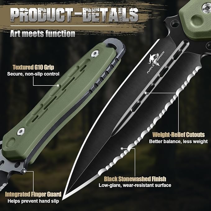 Purple Dragon Fixed Blade Knife with Kydex Sheath440C Steel Full Tang Outdoor Utility Knife with G10 Handle for Camping HikingBushcraft &amp Outdoor Use-Green