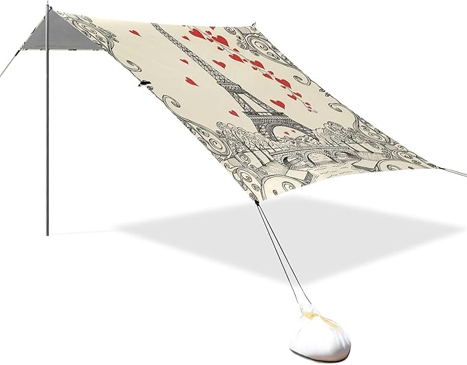 Eiffel Tower Beach Canopy Sun Shelter with Sandbags &amp Sand Shovel &amp Windproof Ropes - Portable 110x126 Beach Shade Beach Tent for Camping Picnics