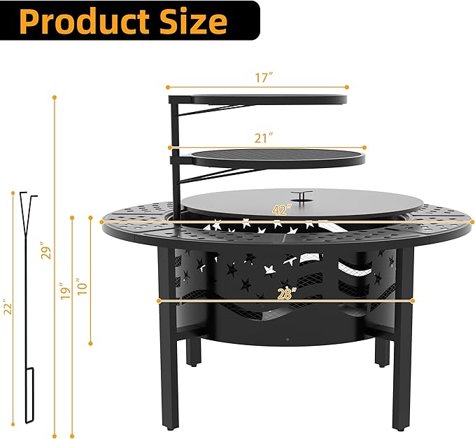 PrimeZone 42 Outdoor Fire Pit with 2 Grills - Wood Burning Firepit for Outside with Cover &amp Poker Heavy Duty Metal Fire Pit Large Round Fireplace for Patio Backyard Picnic Camping Bonfire