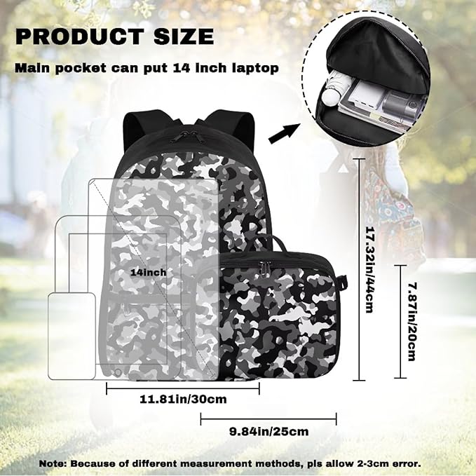 Grey Camo Backpack for Men Large Capacity Bookbag with Lunch Box for Outdoor Lightweight School Bag with Front Zipper Pocket for Travel Office