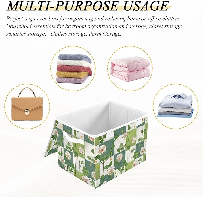 Green Floral Clovers Storage Box with Lid 1 PC Foldable Storage Bin with Lids Stackable Storage Bins Cube Closet Organizer Basket with Flip-Top Lid &amp Handles for Shoes Books Towels