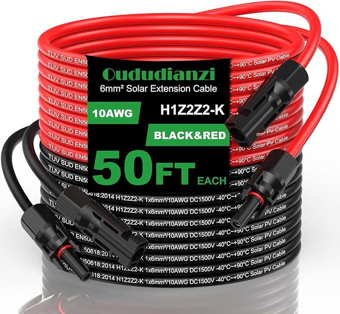 Oududianzi Solar Extension Cable 50Ft Solar Wire 10AWG 10 Gauge Tinned Copper PV Wire Solar Panel Wires and Connectors for Home Roofs RV Boat Camping Solar Panels
