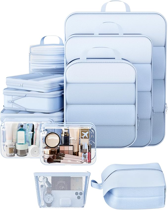Veken 11 Set Compression Packing Cubes for Travel EssentialsCompressible Expandable Large Luggage Suitcase Organizer Bags for ClothingDurable Space Saver Storage Bags with Toiletry Bags(Light Blue)