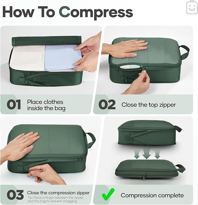 Veken 11 Set Compression Packing Cubes for Travel EssentialsCompressible Expandable Large Luggage Suitcase Organizer Bags for ClothingDurable Space Saver Storage Bags with Toiletry Bags(Dark Green)