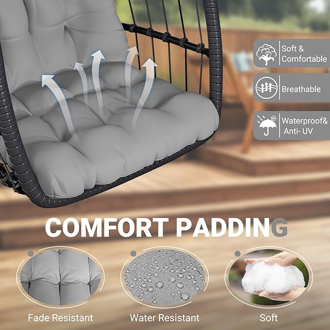 LEVELEVE Egg Chair with StandPatio Rattan Wicker Hanging Swing Egg Chair Hammock Chair for Bedroom Porch GardenThickened Aluminum Alloy Steel Frame and UV Resistant Cushion350LBS Capacity