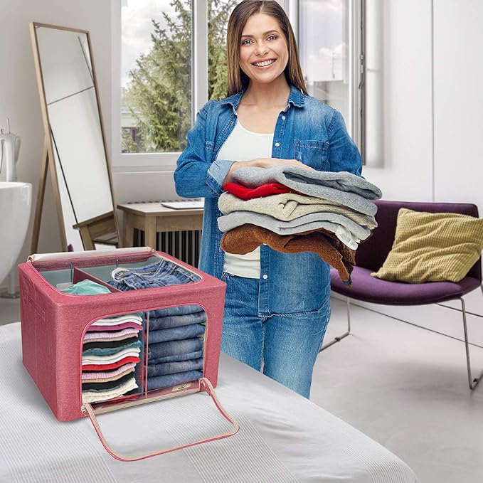 Sorbus Storage Bins with Divided Interior - Large Stackable &amp Foldable Organizer Containers with Metal Frame Oxford Fabric Large Window &amp Carry Handles - Organization for Bedroom Linens &am