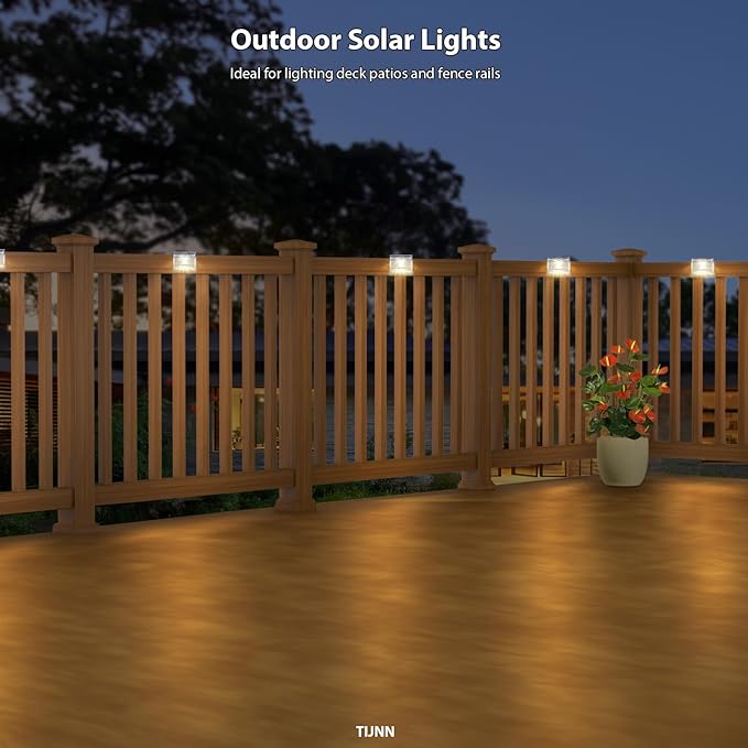 TIJNN Solar Deck Lights Outdoor Waterproof (6 Pack) – LED Solar Fence Lighting for Steps Stairs Railing Patio &amp Backyard – Wireless Auto Dusk to Dawn Warm White Decor