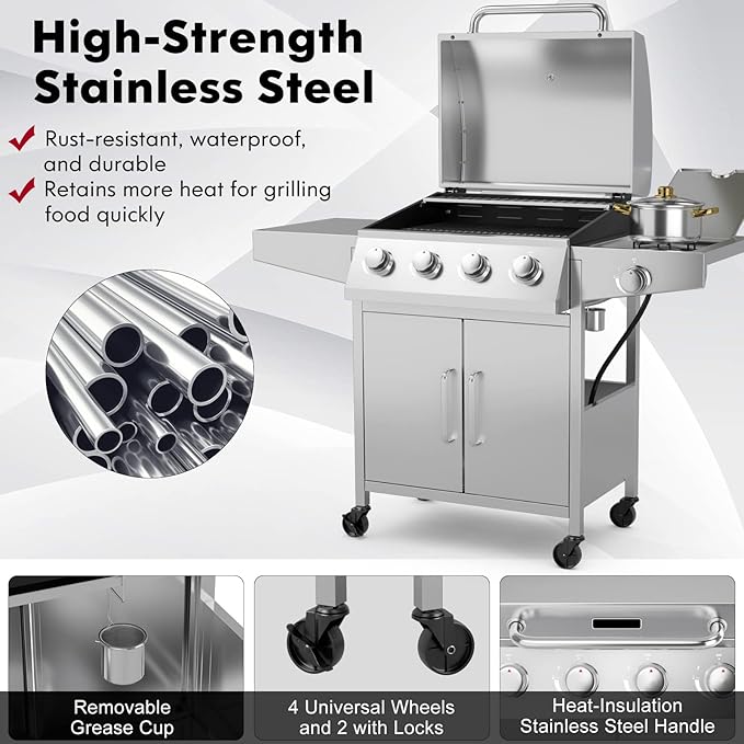 Giantex Propane Gas Grill 50000 BTU 4 Main Burners 1 Side Burner 2 Prep Tables Stainless Steel Heavy-Duty BBQ Grill with 4 Wheels for Backyard Party Outdoor Cooking