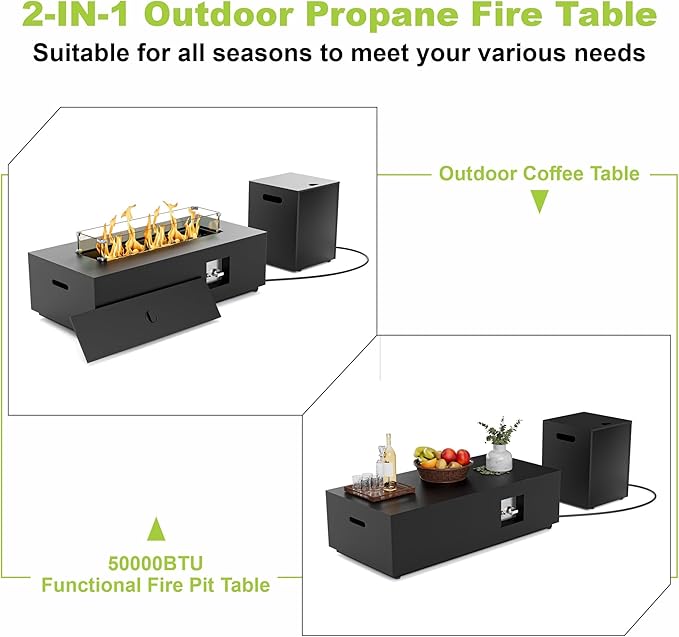 2-Piece 42 LED Rectangular Propane Fire Pit for Outside Patio with Hidden Tank Table 50000 BTU Fireplaces with Glass Wind Guard Lid Glass Rocks Cover(Black w/Warm Light)