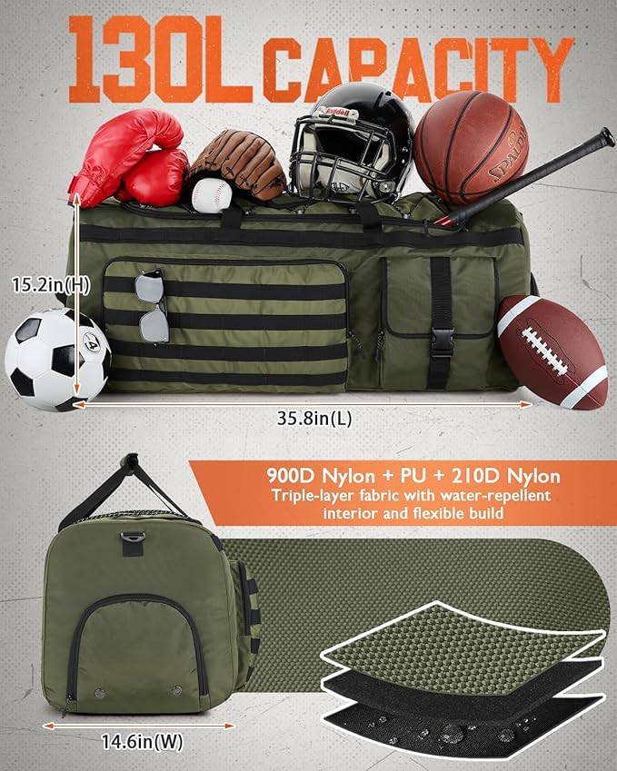 Gonex 130L Extra Large Duffel Bag for Men Heavy Duty 3 in 1 Convertible Carry Travel Duffle with Shoe Compartment Tactical Loops Sports Gear Bag for Family Trips (Army Green)