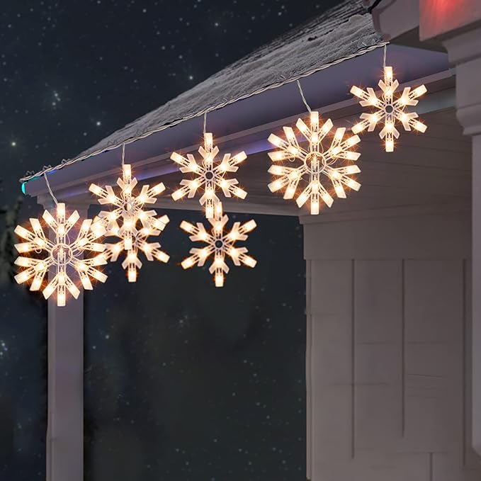 Dazzle Bright Christmas Snowflake Lights Outdoor100 Count 8.5FT Connectable Waterproof Christmas Icicle Lights with 6 Drops Plug in for Indoor Xmas Yard Home Decorations (Warm White)