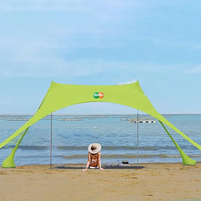 YUEWO 10x10FT Portable Family Beach Tent Sunshade Pop Up Sun Shelter 2 Poles for Beach Camping Fishing Backyard Picnic and Outdoors