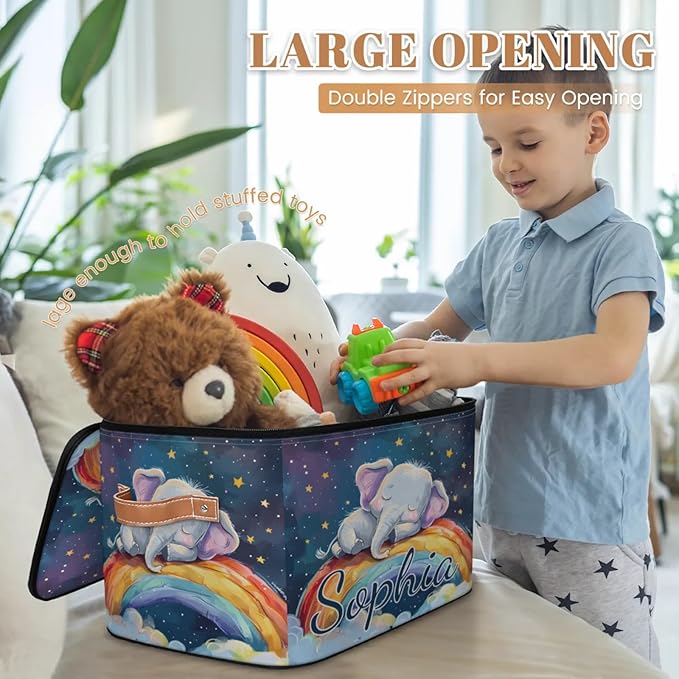 Custom Storage Basket with Name Personalized Storage Bins with Zipper Lid Foldable Fabric Storage Box Large capacity with Handle Elephant Rainbow