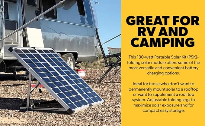 Go Power GP-PSK-130 130W Portable RV Solar Panel Kit - Folding Solar Panels with 10 Amp Controller Adjustable Legs Battery Clamps Nylon Case for Camping Boat &amp Off-Grid Use
